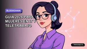 Ilustración vectorial plana de una especialista chilena en tecnología trabajando remotamente con elementos de blockchain en el fondo. Estilo corporativo moderno.