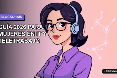 Ilustración vectorial plana de una especialista chilena en tecnología trabajando remotamente con elementos de blockchain en el fondo. Estilo corporativo moderno.