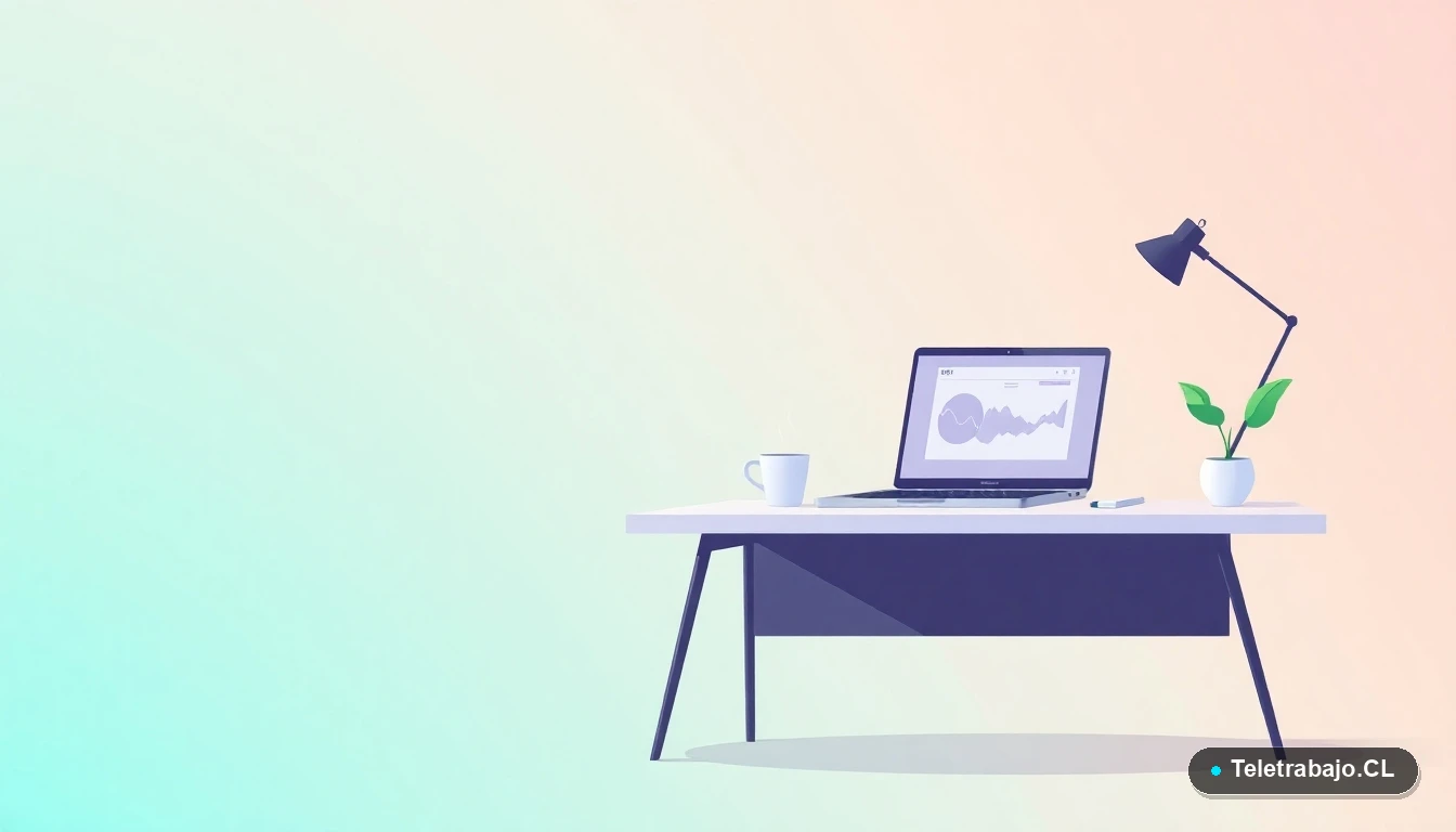 Escritorio moderno minimalista para teletrabajo con laptop, taza de café y planta, sobre fondo degradado frío. Ilustración vectorial plana estilo corporativo.