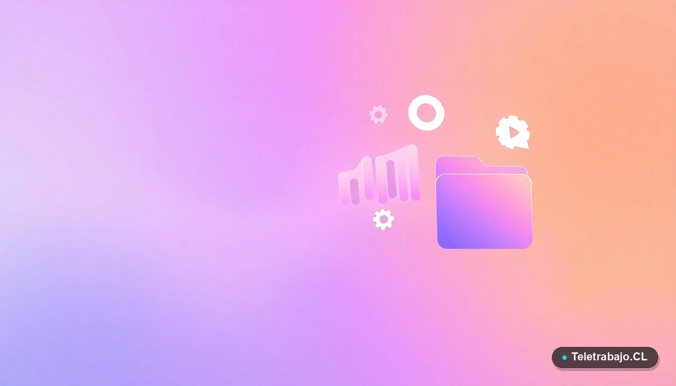 Composición abstracta de interfaz de usuario tecnológica con gráficos flotantes y iconos de engranaje y carpeta, en colores lavanda y durazno.