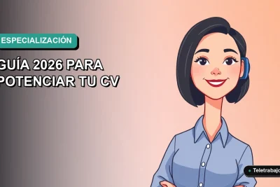 Ilustración plana vectorial de una mujer profesional de teletrabajo, con blusa azul y pelo corto, sonriendo. Fondo con gradiente suave de azul a verde menta. Espacio negativo a la izquierda. Concepto de capacitación en turismo alemán con SENCE.
