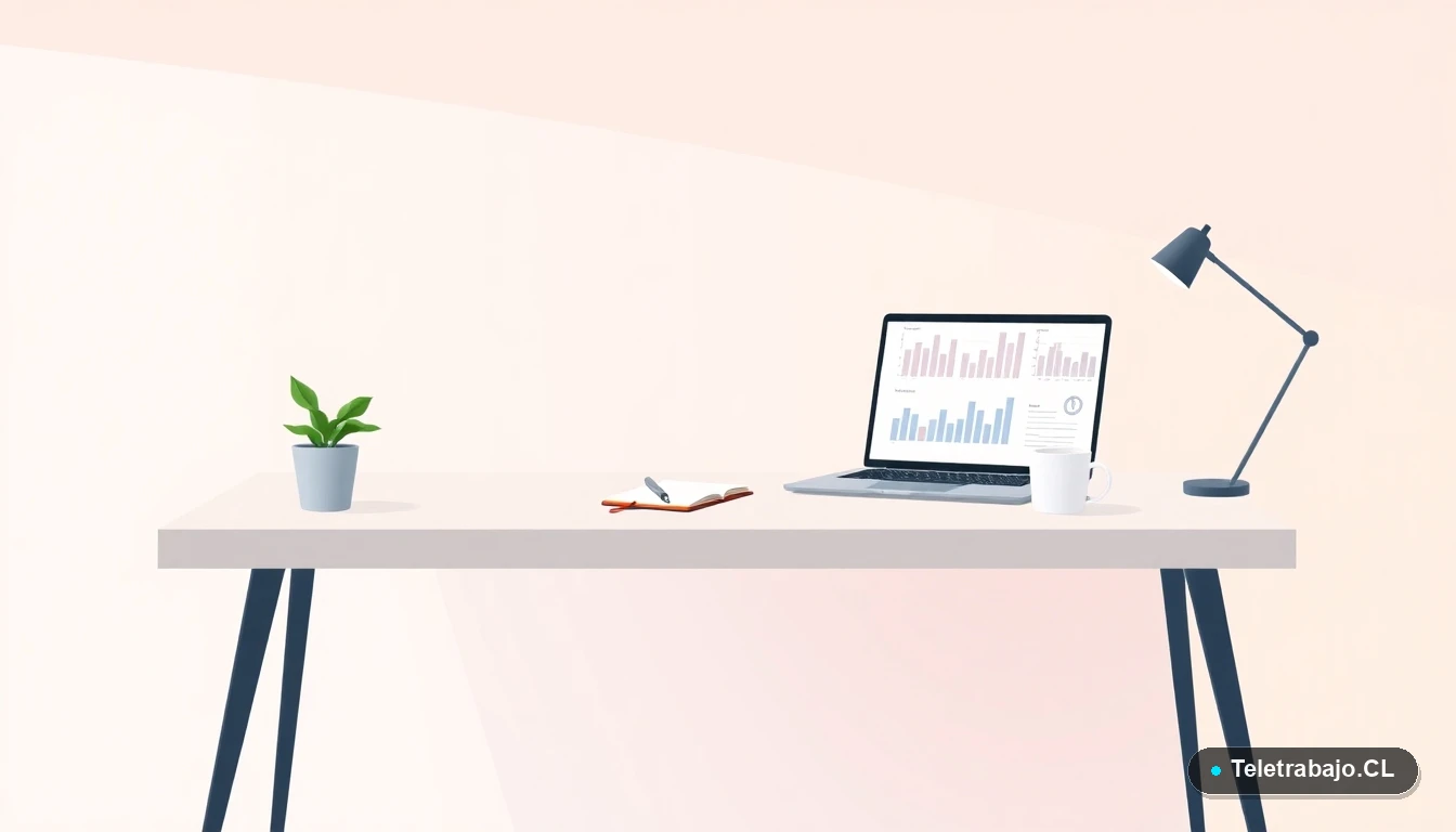 Ilustración vectorial plana de un escritorio moderno y minimalista con laptop, cuaderno, planta y taza de café. Fondo con gradiente suave de lavanda. Representa el espacio de trabajo y estudio para especialización en turismo.