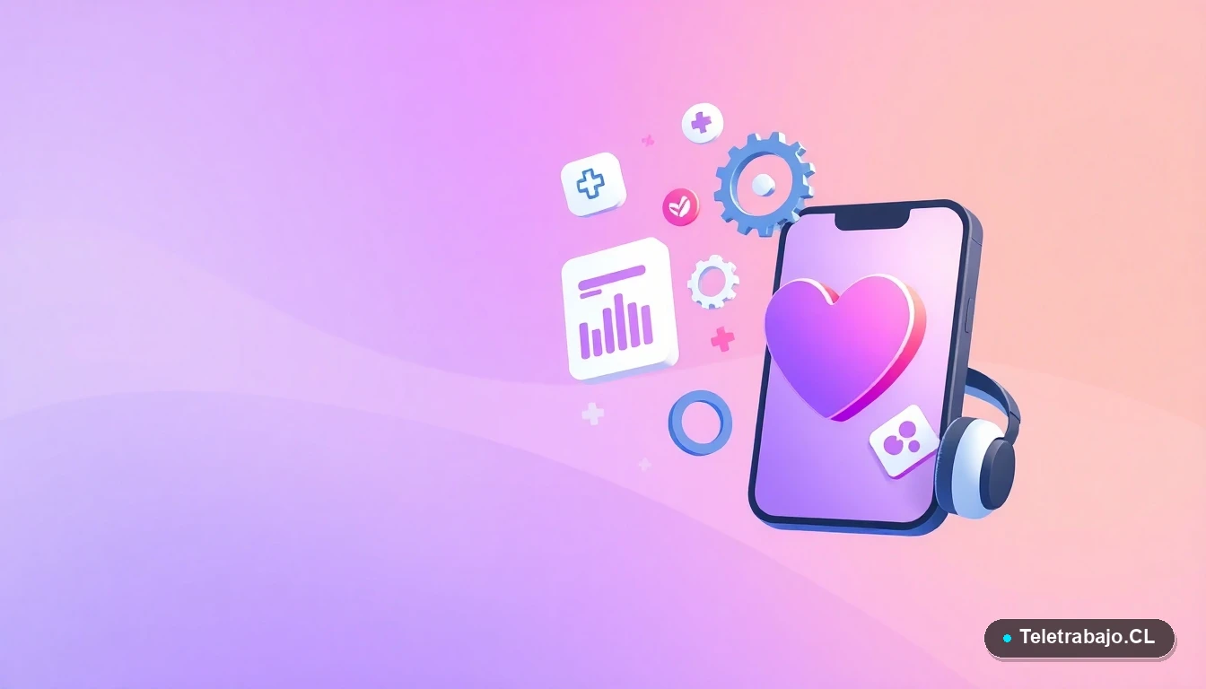 Composición abstracta de iconos médicos y gráficos flotantes en estilo vectorial plano, sobre fondo degradado lavanda y durazno, representando oportunidades tecnológicas en el sector salud.