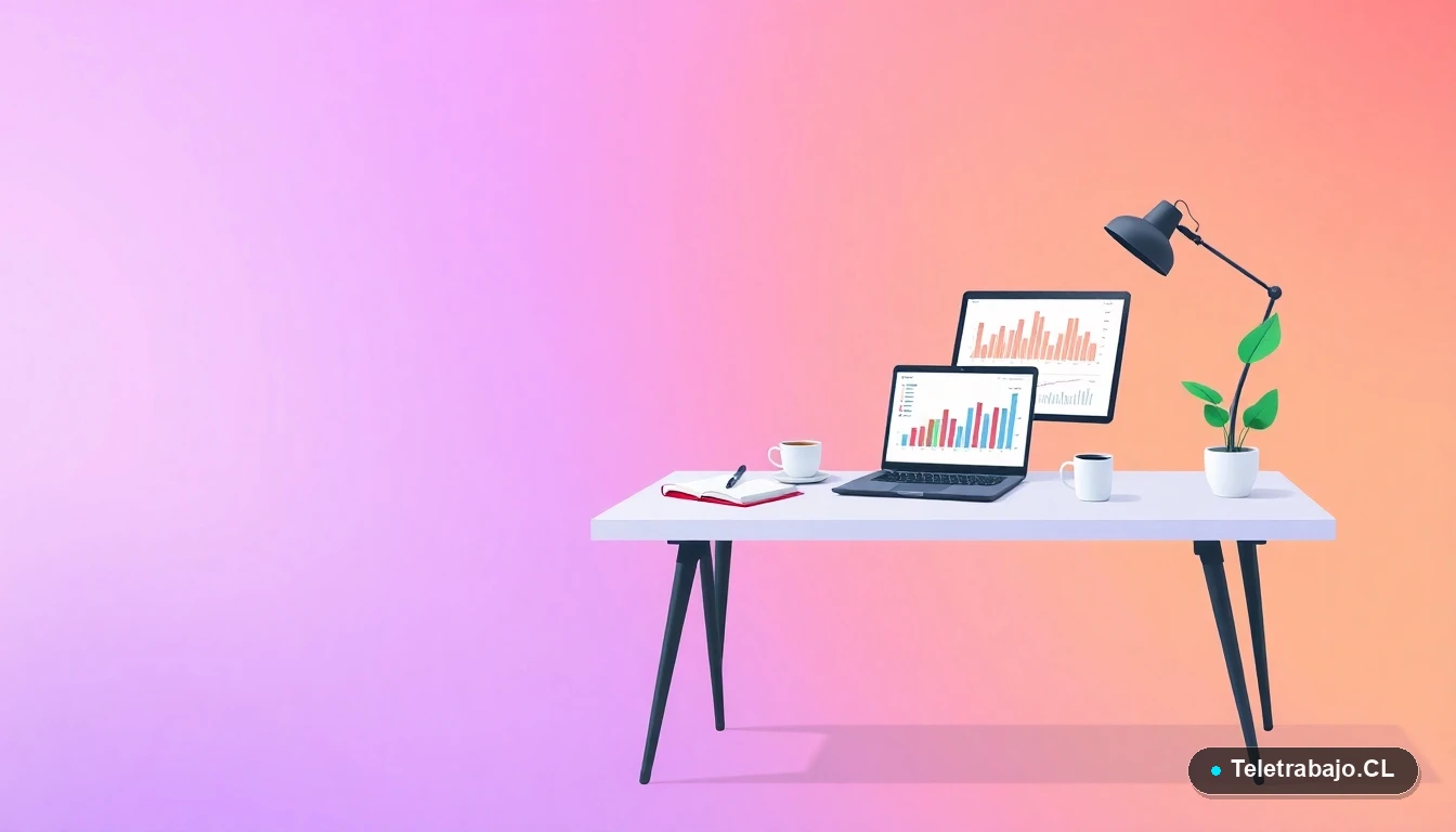Escritorio moderno vacío con laptop mostrando gráficos financieros, cuaderno y taza de café, ilustración plana con fondo degradado lavanda.