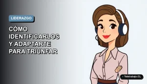 Ilustración vectorial plana de una mujer profesional chilena en teletrabajo, representando estilos de liderazgo modernos, con fondo degradado azul y gris.