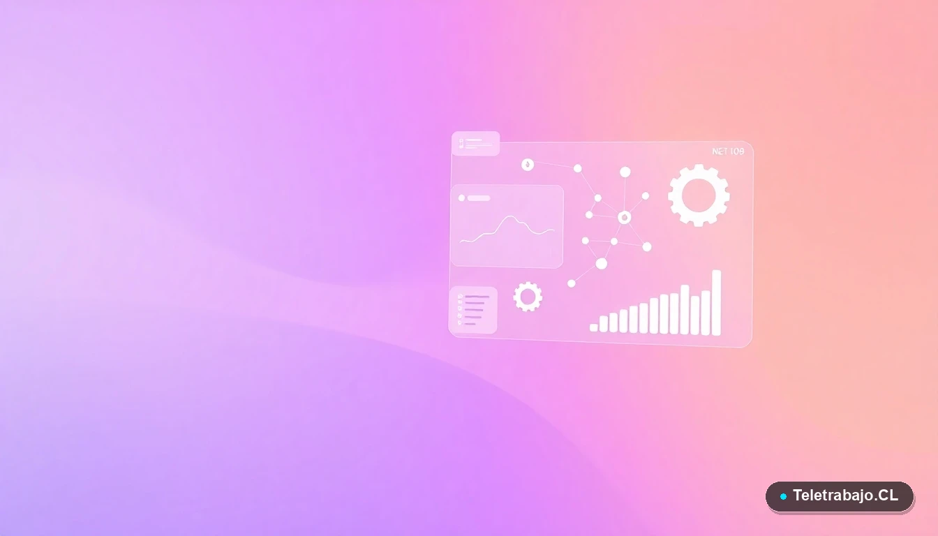 Elementos de interfaz de usuario abstractos y modernos, como gráficos y engranajes flotantes, que simbolizan el análisis de estilos de liderazgo, con fondo degradado lila y durazno.