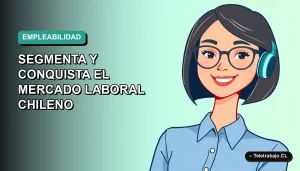 Ilustración plana corporativa de una mujer profesional chilena con blusa azul, sonriendo, sobre fondo degradado verde azulado. Concepto de búsqueda de empleo segmentada.