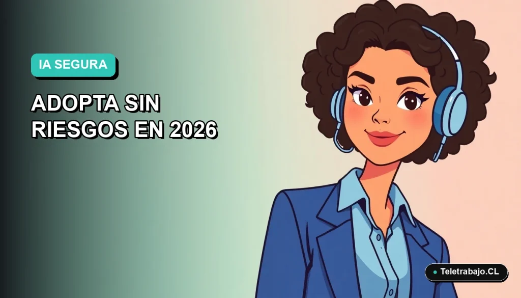Ilustración plana corporativa de una mujer profesional de teletrabajo, con blusa azul, mirando confiada hacia la izquierda, sobre fondo gradiente suave azul verdoso. Espacio negativo amplio a la izquierda.