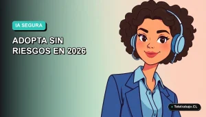 Ilustración plana corporativa de una mujer profesional de teletrabajo, con blusa azul, mirando confiada hacia la izquierda, sobre fondo gradiente suave azul verdoso. Espacio negativo amplio a la izquierda.