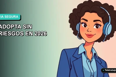 Ilustración plana corporativa de una mujer profesional de teletrabajo, con blusa azul, mirando confiada hacia la izquierda, sobre fondo gradiente suave azul verdoso. Espacio negativo amplio a la izquierda.