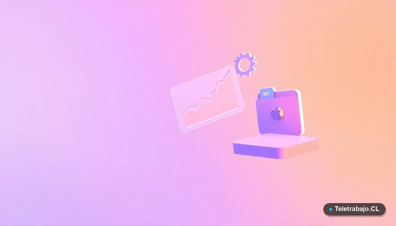 Ilustración vectorial de una interfaz de usuario abstracta con gráficos flotantes, un engranaje y una carpeta estilizada en colores lavanda y durazno, sobre un fondo gradiente. Concepto de tecnología e innovación.