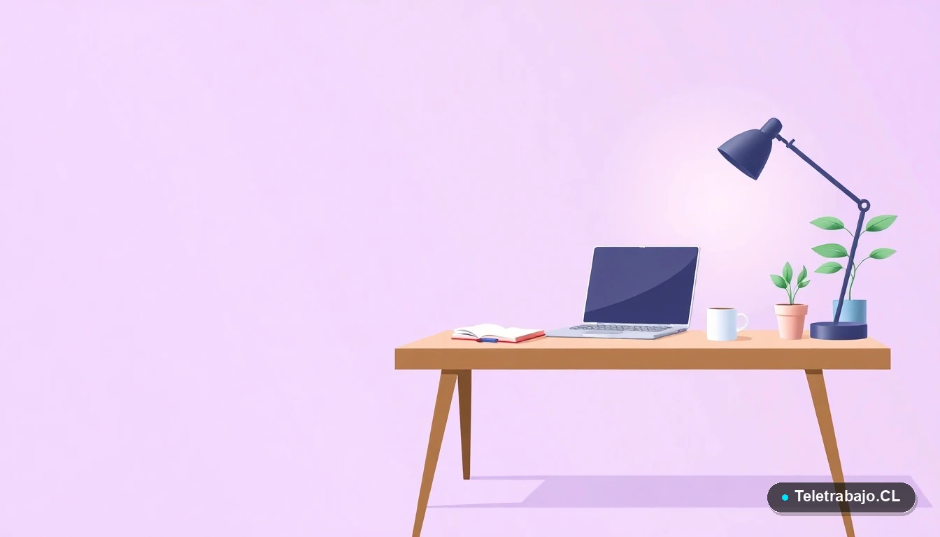 Escritorio moderno minimalista con laptop, cuaderno, taza de café y planta, ilustración vectorial plana sobre fondo degradado lila, concepto de productividad y estrategia.