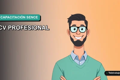 Ilustración vectorial plana de estilo Corporativo Memphis de un trabajador remoto masculino, con fondo degradado verde azulado, representando la capacitación profesional y el desarrollo de currículum.