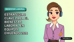 Ilustración plana corporativa de mujer chilena trabajadora remota sonriente, con fondo degradado azul verdoso, concepto de bienestar laboral 2026.