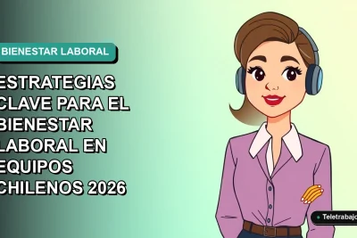 Ilustración plana corporativa de mujer chilena trabajadora remota sonriente, con fondo degradado azul verdoso, concepto de bienestar laboral 2026.