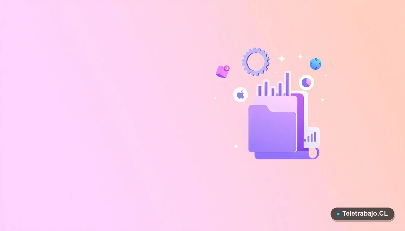 Composición abstracta de interfaz de usuario con gráficos y iconos flotantes, sobre fondo degradado lila y durazno, representando estrategias tecnológicas de bienestar laboral.