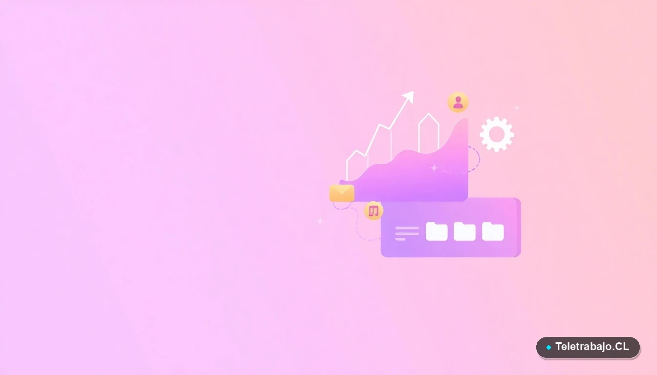 Composición abstracta de interfaz de usuario tecnológica con gráficos, engranajes y carpetas flotantes en tonos lavanda y durazno, sobre fondo degradado.