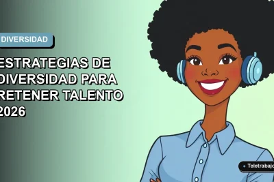 Ilustración plana vectorial de una trabajadora remota de tecnología sonriente, con peinado afro y blusa azul, sobre fondo degradado suave azul verdoso.