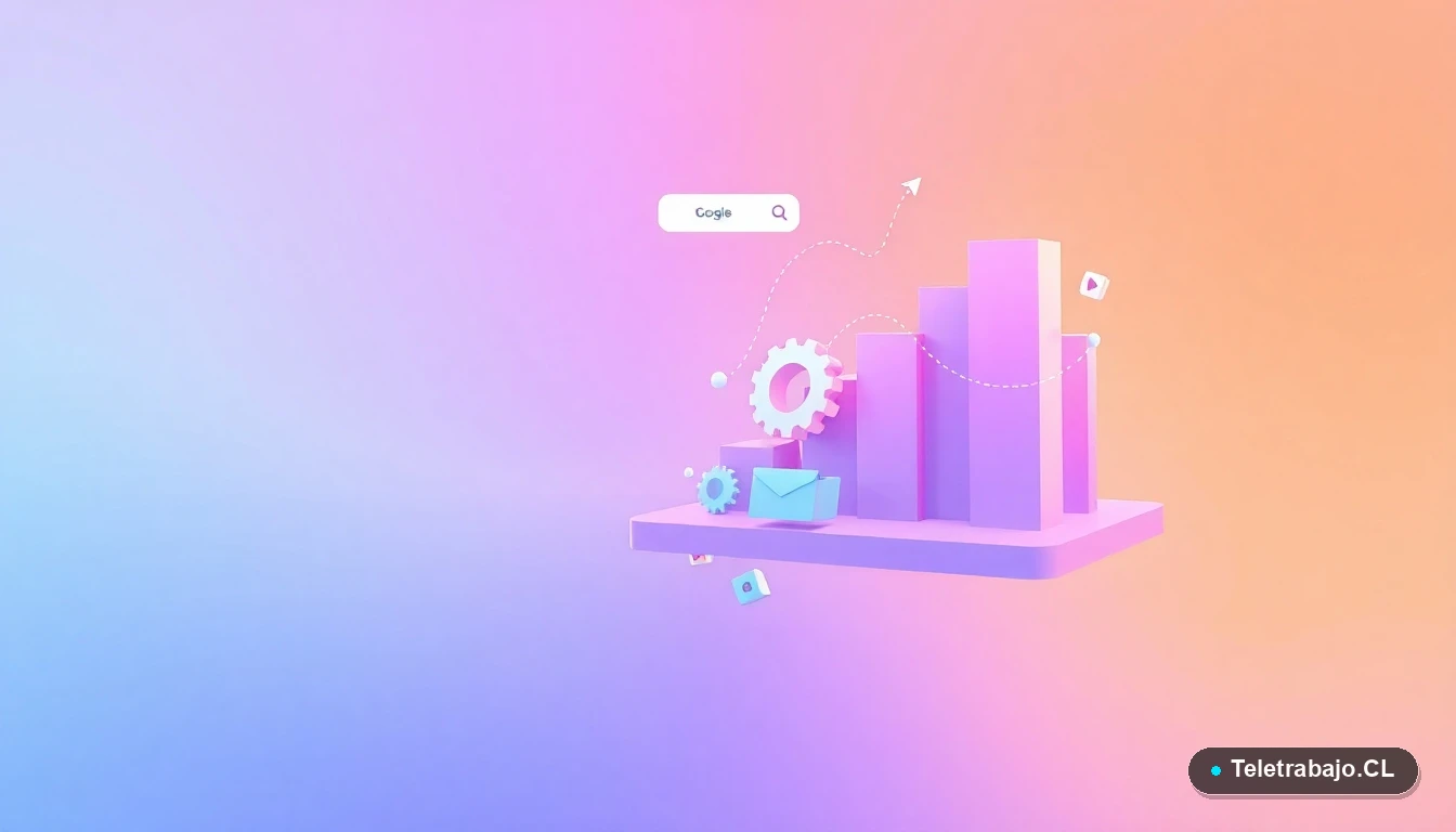 Composición abstracta de interfaz de usuario tecnológica con gráficos flotantes, engranajes y carpetas, sobre fondo degradado lavanda y durazno.