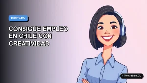 Ilustración vectorial plana de una trabajadora remota sonriente, con blusa azul y corte bob, sobre fondo degradado azul y lila. Representa estrategias de búsqueda de empleo creativo en Chile.