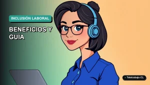 Ilustración plana corporativa de una mujer profesional de teletrabajo con blusa azul, sobre fondo degradado suave, representando inclusión laboral.