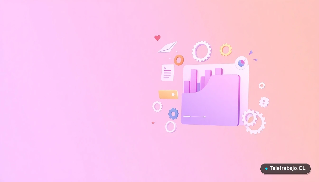 Composición abstracta de interfaz de usuario con gráficos y engranajes flotantes en tonos lavanda y durazno, sobre fondo degradado, concepto de estrategia tecnológica.