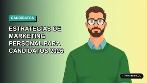 Ilustración plana vectorial de un trabajador remoto masculino con suéter verde, sobre un fondo degradado azul y verde, representando estrategias de marketing personal para candidatos.