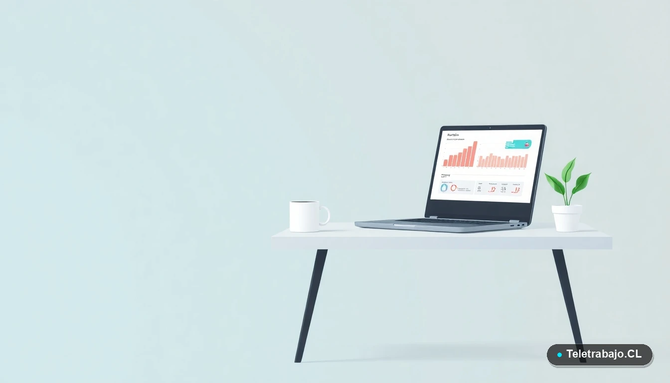 Escritorio moderno minimalista con laptop, taza de café y planta, sobre fondo degradado frío, concepto de espacio de trabajo para estrategias de marketing digital.