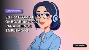 Ilustración vectorial plana de una trabajadora remota con blusa azul y pelo corto, sobre fondo degradado lavanda, representando estrategias de onboarding 2026.