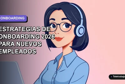 Ilustración vectorial plana de una trabajadora remota con blusa azul y pelo corto, sobre fondo degradado lavanda, representando estrategias de onboarding 2026.