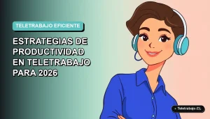 Ilustración plana corporativa de una mujer profesional de teletrabajo con blusa azul, sobre fondo degradado suave azul verdoso. Espacio negativo amplio a la izquierda.