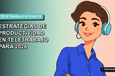 Ilustración plana corporativa de una mujer profesional de teletrabajo con blusa azul, sobre fondo degradado suave azul verdoso. Espacio negativo amplio a la izquierda.