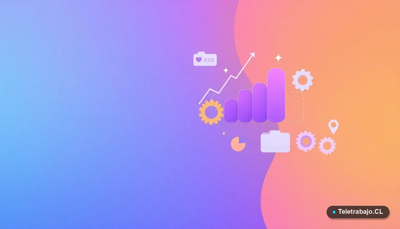 Composición abstracta de interfaz de usuario con gráficos flotantes y engranajes estilizados en tonos lavanda y durazno, sobre fondo degradado. Concepto visual de productividad digital.