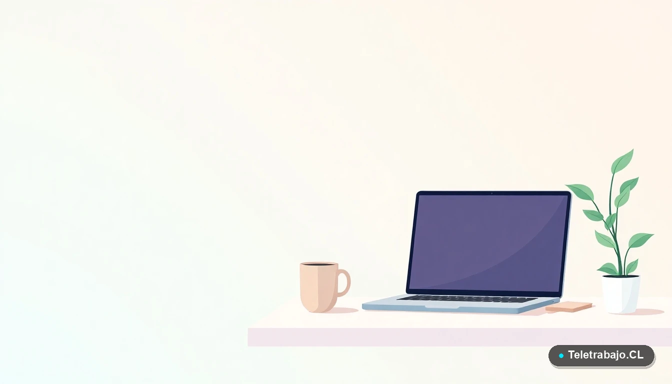 Escritorio moderno minimalista vacío con laptop, planta y taza de café, ilustración plana en tonos menta y verde azulado, estilo corporativo.