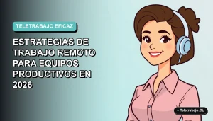 Ilustración plana corporativa de mujer profesional de teletrabajo sonriente, con fondo degradado suave azul verdoso.