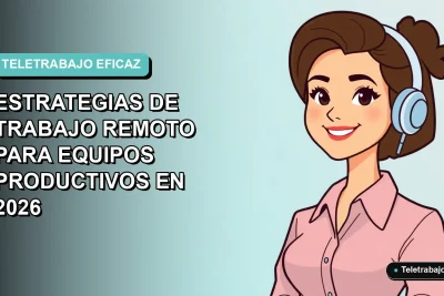 Ilustración plana corporativa de mujer profesional de teletrabajo sonriente, con fondo degradado suave azul verdoso.