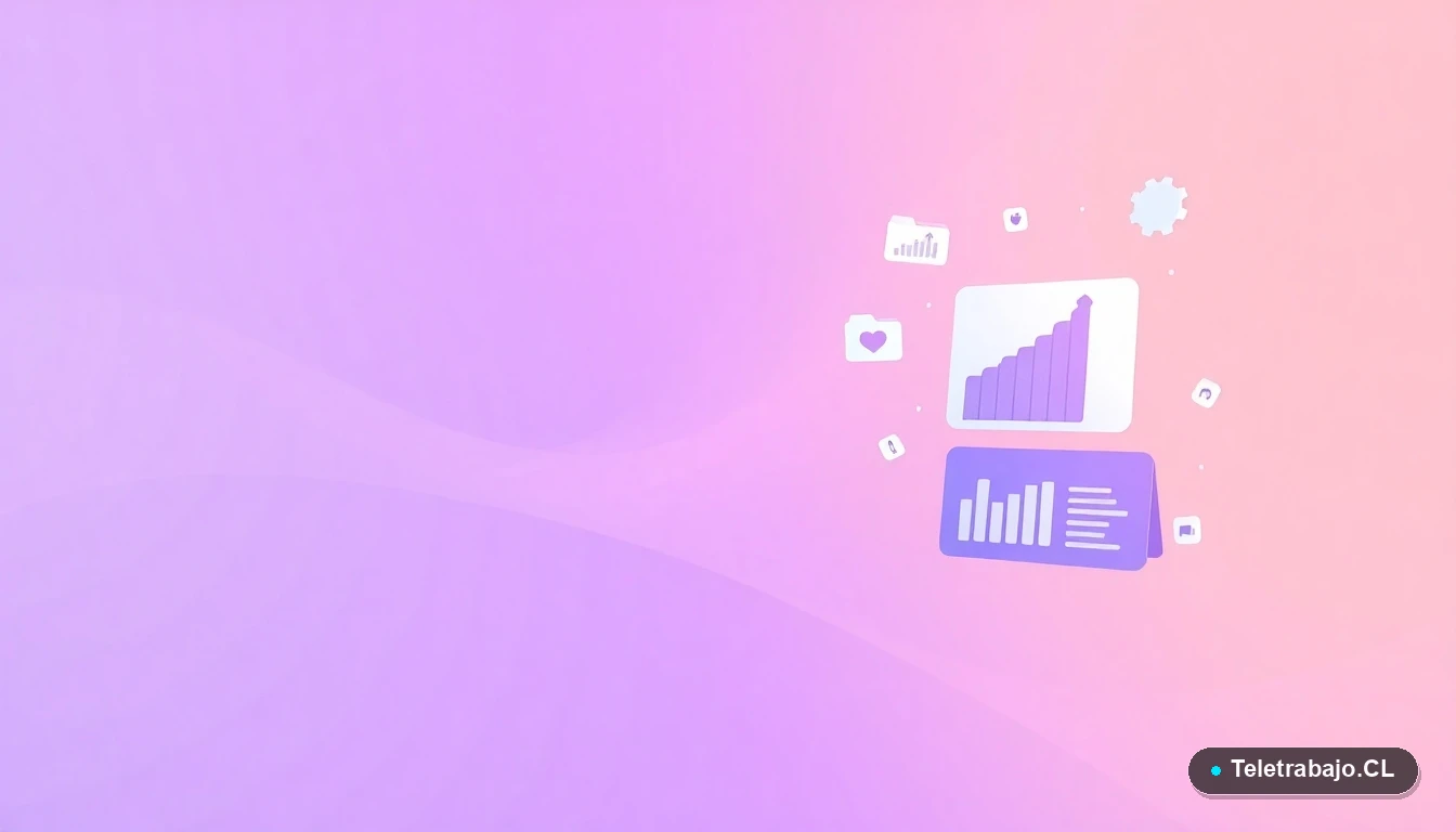 Composición abstracta de interfaz de usuario con gráficos y iconos flotantes, estilo ilustración plana, sobre fondo degradado lila.