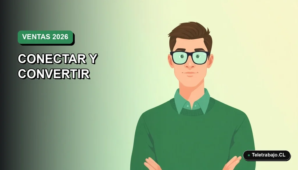 Ilustración vectorial plana de un trabajador remoto masculino con suéter verde, sobre un fondo degradado suave. Espacio negativo a la izquierda.