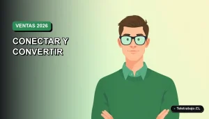 Ilustración vectorial plana de un trabajador remoto masculino con suéter verde, sobre un fondo degradado suave. Espacio negativo a la izquierda.