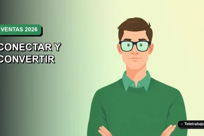 Ilustración vectorial plana de un trabajador remoto masculino con suéter verde, sobre un fondo degradado suave. Espacio negativo a la izquierda.