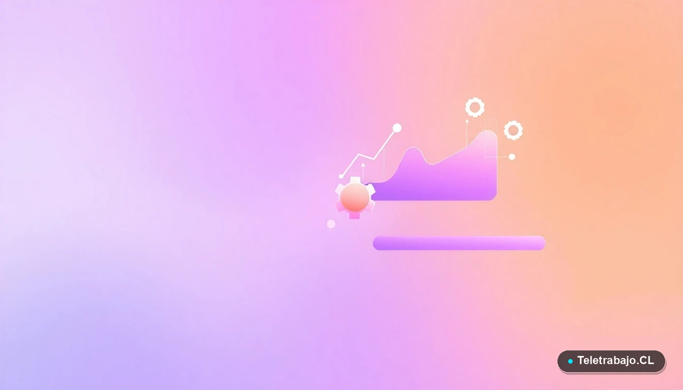 Composición abstracta de interfaz de usuario con gráficos flotantes y iconos de engranaje y carpetas, en tonos lavanda y durazno, sobre fondo degradado.