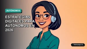 Ilustración plana vectorial de mujer profesional autónoma sonriente, con fondo degradado azul verdoso y espacio negativo minimalista.