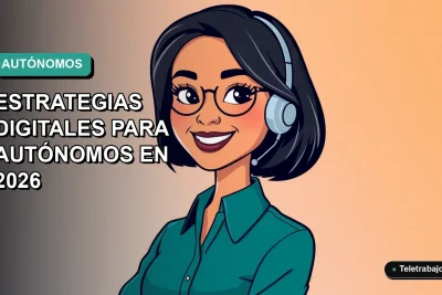 Ilustración plana vectorial de mujer profesional autónoma sonriente, con fondo degradado azul verdoso y espacio negativo minimalista.