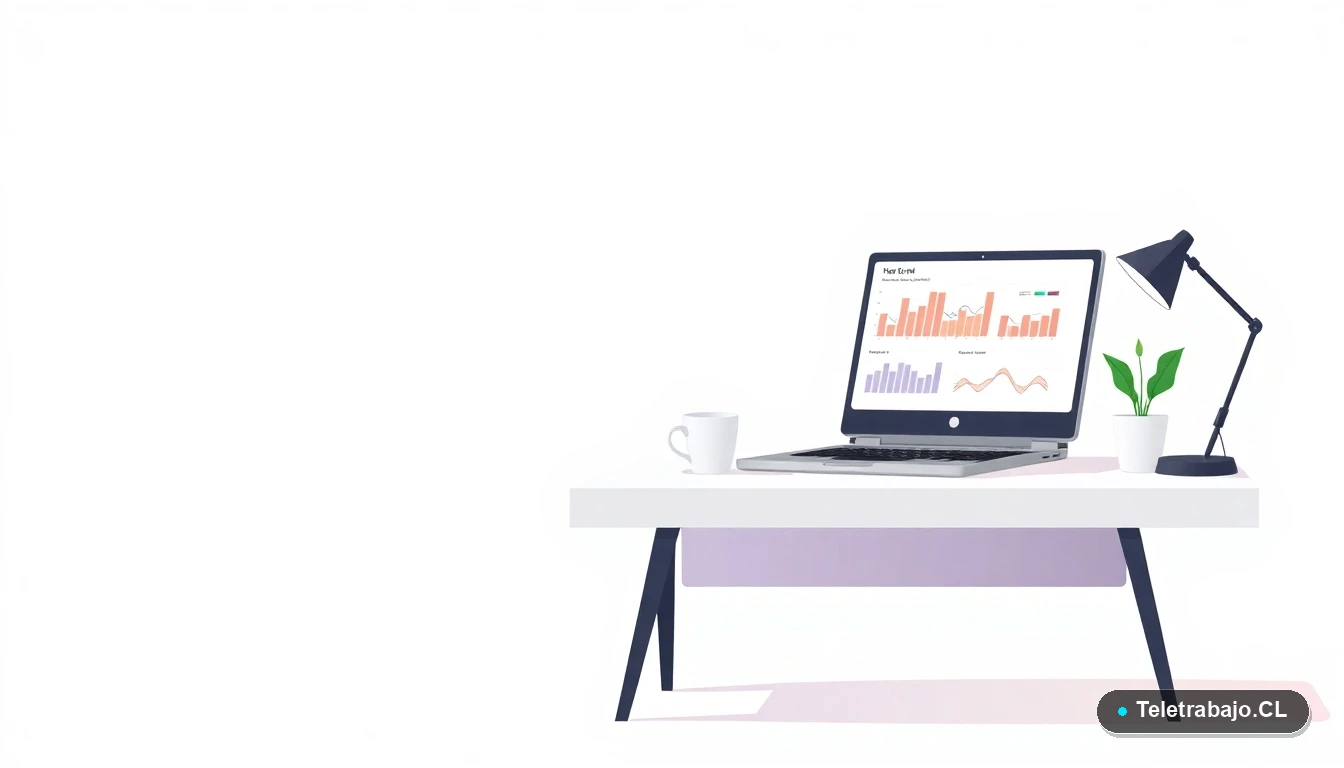 Escritorio moderno minimalista para autónomos con laptop, taza de café y planta, sobre fondo degradado de colores fríos.