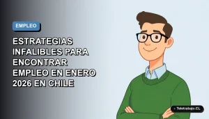 Ilustración plana corporativa de un trabajador masculino de tecnología con suéter verde, sobre un fondo degradado azul y vacío, representando la búsqueda de trabajo en Chile.