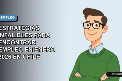 Ilustración plana corporativa de un trabajador masculino de tecnología con suéter verde, sobre un fondo degradado azul y vacío, representando la búsqueda de trabajo en Chile.
