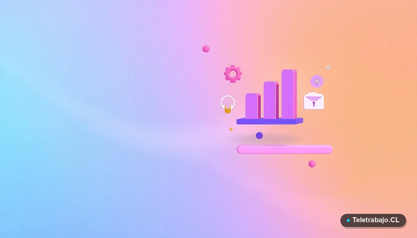 Composición abstracta de interfaz de usuario con gráficos y iconos flotantes en colores lavanda y durazno, sobre un fondo degradado de menta y verde azulado, concepto de tecnología y estrategia.