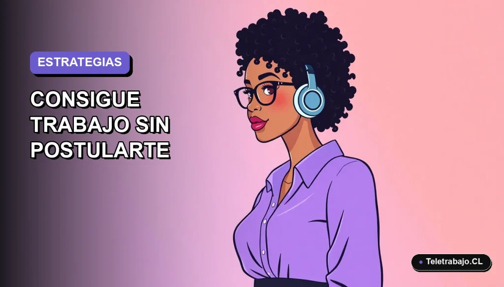 Ilustración plana corporativa de una mujer profesional de teletrabajo sonriente, con fondo degradado lavanda vacío, representando estrategias de LinkedIn para conseguir empleo sin postularse.