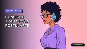 Ilustración plana corporativa de una mujer profesional de teletrabajo sonriente, con fondo degradado lavanda vacío, representando estrategias de LinkedIn para conseguir empleo sin postularse.
