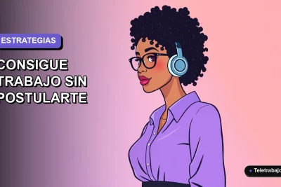 Ilustración plana corporativa de una mujer profesional de teletrabajo sonriente, con fondo degradado lavanda vacío, representando estrategias de LinkedIn para conseguir empleo sin postularse.